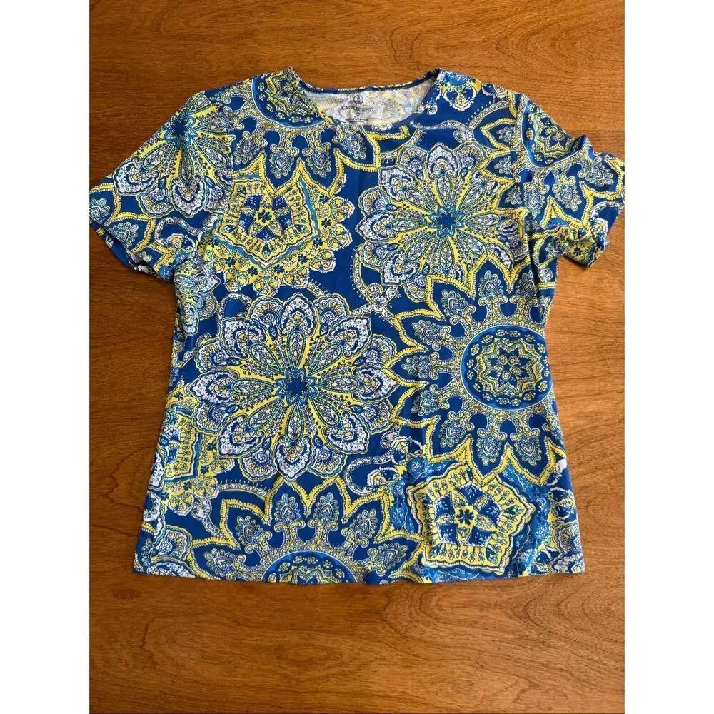 Lands' End Youth Paisley Short Sleeve Rash Guard Swim Shirt Blue Yellow Medium